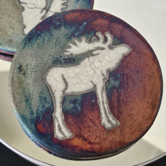 Raku Art Pottery Coasters Signed Jeremy Diller Set of 3 Raku Elk 🦌 - Picture 4 of 10